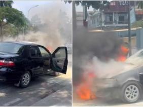 Vợ chồng sợ hãi mở tung cửa bỏ chạy khi phát hiện ô tô bốc cháy ngùn ngụt
