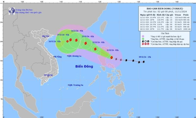 Dự báo hướng di chuyển của bão Toraji. Ảnh: NCHMF