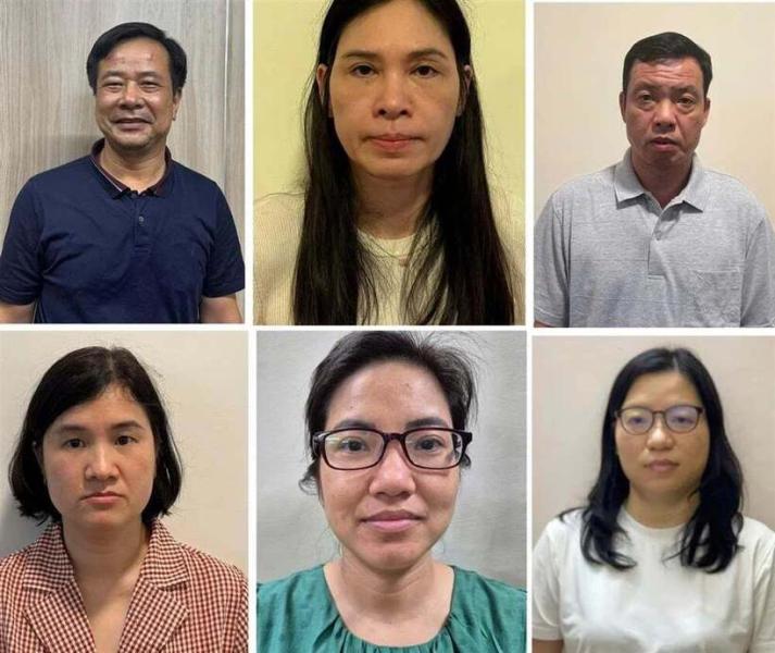 Các bị can từ trái qua phải: Nghiêm Quốc Hưng, Phạm Thị Hạnh, Nguyễn Đình Thám, Đặng Thị Phương, Trần Hồng Hạnh, Nguyễn Thị Cẩm Anh. Ảnh: Bộ Công an.