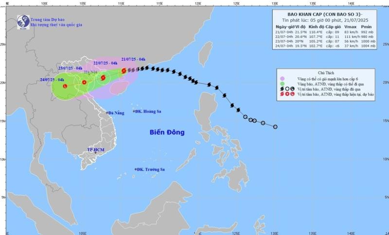 Dự báo hướng đi của bão số 3 WIPHA. (Ảnh: Trung tâm Dự báo Khí tượng thủy văn Quốc gia)