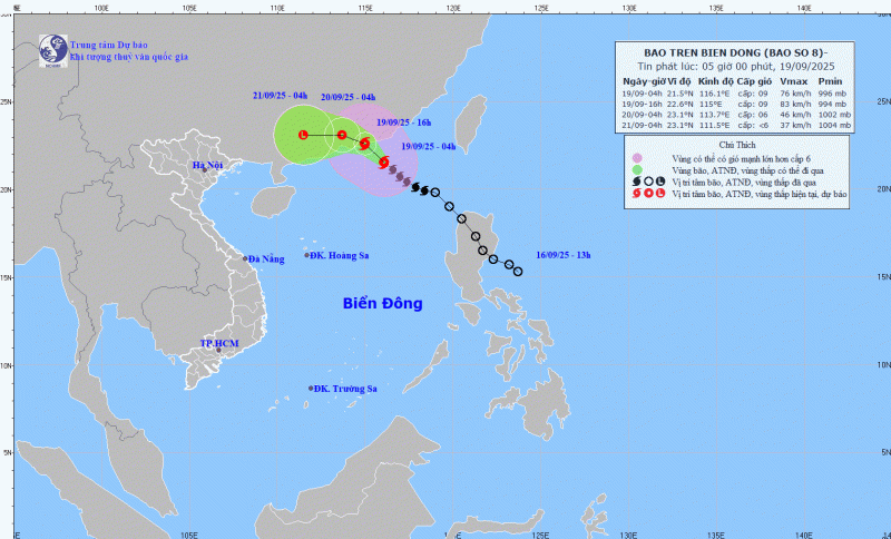 Cập nhật hồi 5 giờ ngày 19.9 về vị trí và đường đi của bão số 8. Nguồn: Trung tâm Dự báo Khí tượng Thủy văn Quốc gia