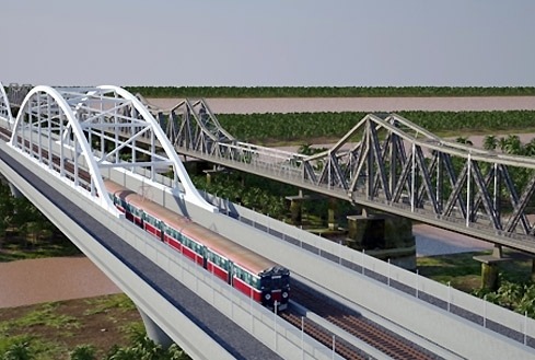 Đồ họa phương án xây dựng cầu mới phục vụ đường sắt đô thị gần cầu Long Biên cũ.