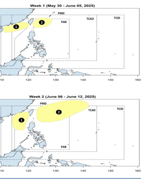 Vị trí và vùng ảnh hưởng của 2 áp thấp quanh Biển Đông. Ảnh: PAGASA 
