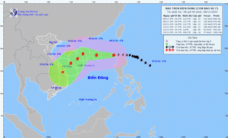 Cập nhật vị trí và đường đi của bão số 7 hồi 7 giờ ngày 8.10. Ảnh: Trung tâm Dự báo Khí tượng Thủy văn Quốc gia 