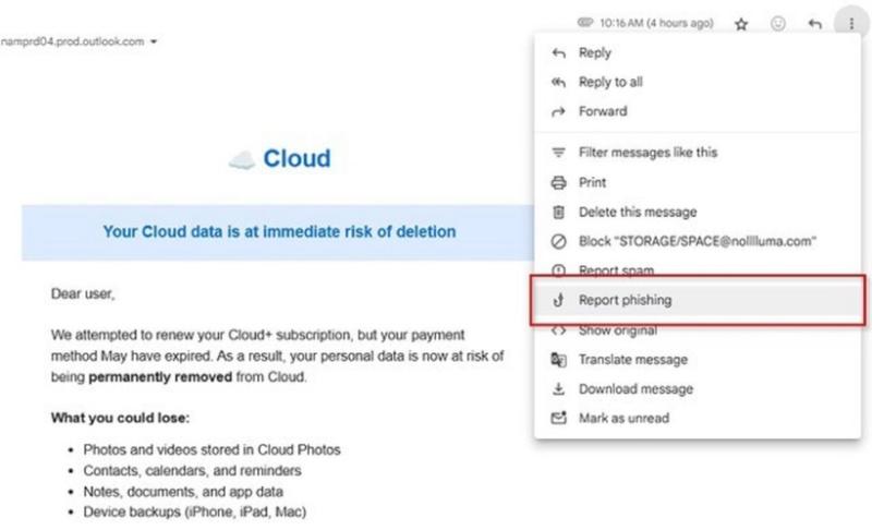 Một email lừa đảo giả mạo dịch vụ lưu trữ đám mây.