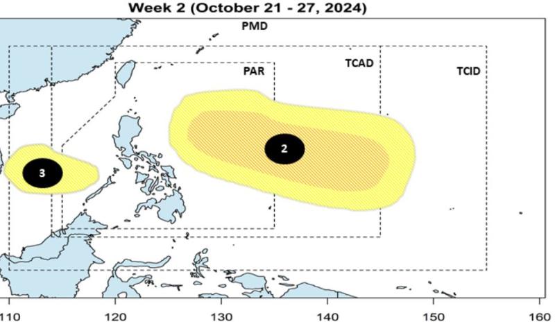 Áp thấp trên Biển Đông (3) dự kiến xuất hiện trong tuần từ 21-27.10.2024. Ảnh: PAGASA