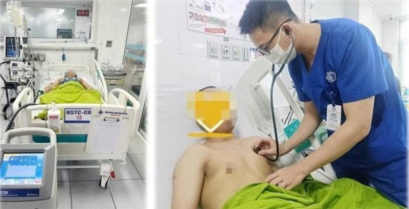 Bác sĩ thăm khám cho nam thanh niên bị sốc nhiệt. Ảnh: VTC News