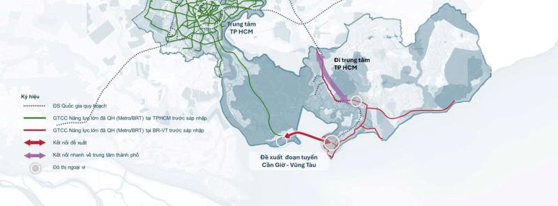 Hướng tuyến đề xuất metro nối Cần Giờ - Vũng Tài.  Ảnh: EnCity