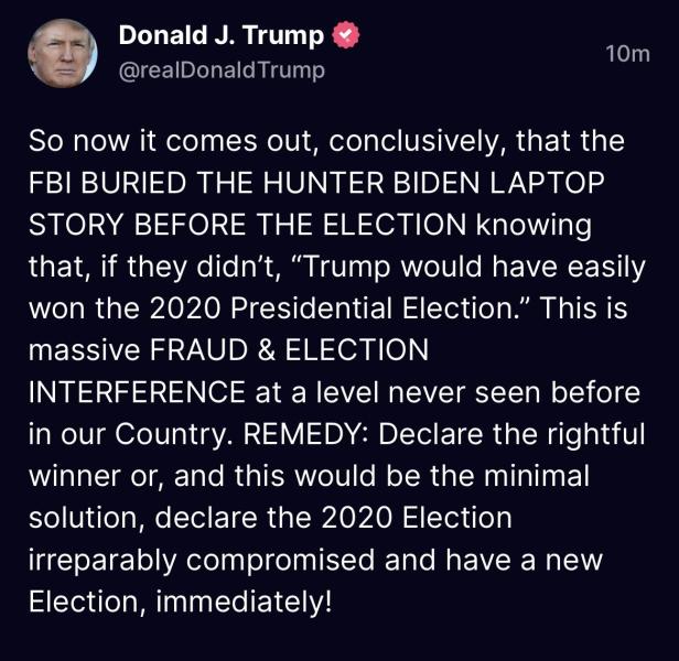 Ông Donald Trump viết trên Social Truth, cáo buộc FBI gian lận bầu cử tổng thống Mỹ 2020. Ảnh: Social Truth