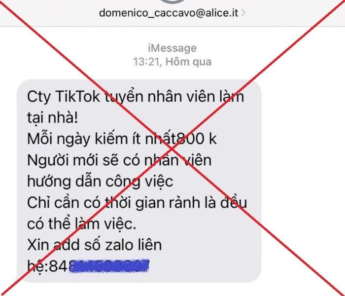 Mạo danh công ty TikTok Việt Nam mời chào người dân làm “việc nhẹ lương cao“. Ảnh: PV.