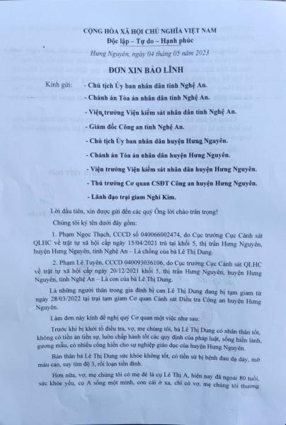 Đơn của gia đình xin bảo lãnh tại ngoại cho bà Lê Thị Dung. Ảnh: Quang Đại